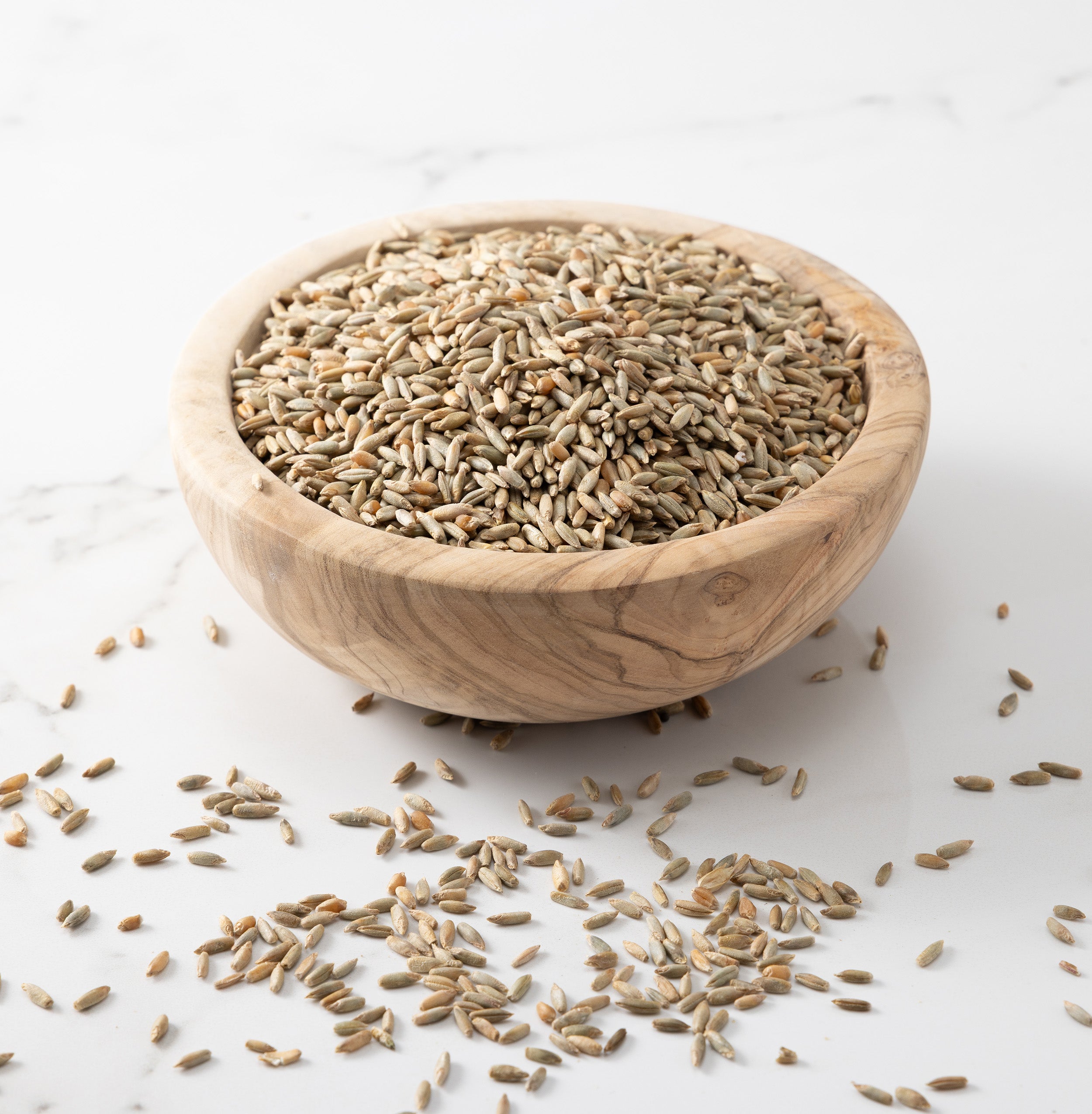 A wooden bowl filled with danko rye whole wheat grains, with a few scattered on a light marble surface.