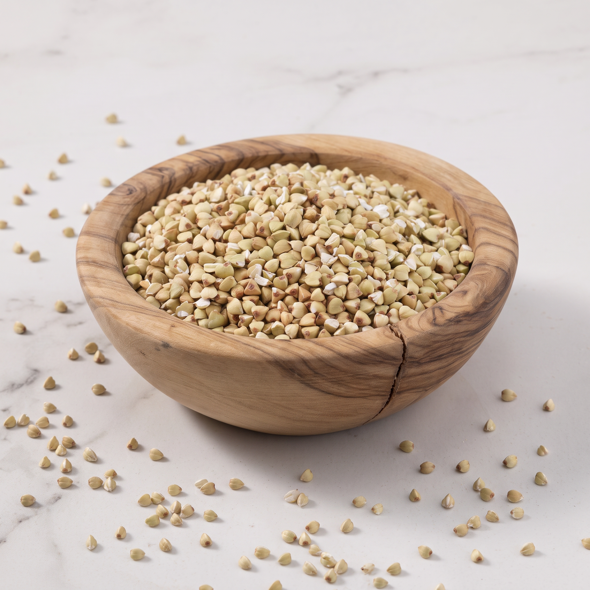 A wooden bowl filled with uncooked buckwheat grains on a light marble surface with a few scattered grains around.